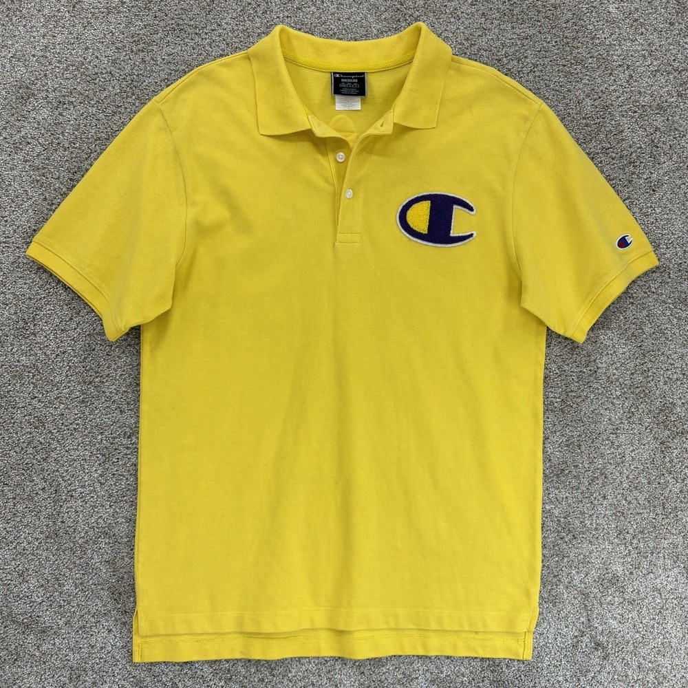 Champion Pique Polo Mens Medium Yellow Purple Chenille C Logo LA Lakers Inspired